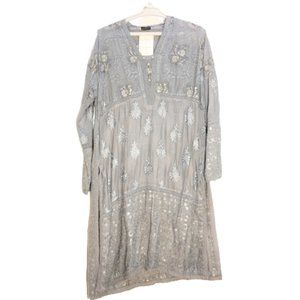 Agha Noor Women's All Silk Chiffon Heavy Embroidered Tunic Dress Gray Small NEW